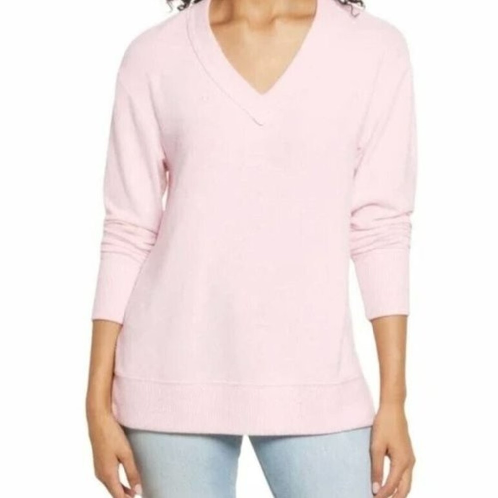Everleigh Long Sleeve Cozy V-Neck Top Light Pink Women's Size ~ Large
